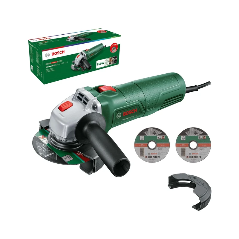 Bosch Small Angle Grinder UniversalGrind 750-115 (750 W; 3X Straight Cutting Discs; for Grinding, Cutting, Brushing and Sanding; in Carton Packaging)