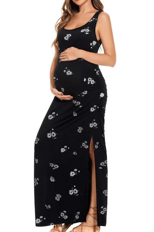 Smallshow Women's Split Long Maternity Dress Sleeveness Ruched Pregnancy Clothes, Svp121, L