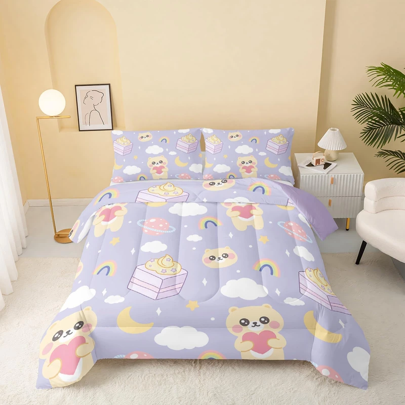 QOOMO Kawaii Bear Comforter Queen Size,Cartoon Bear Bedding Set for Kids Teens Girls,3Pcs Bedding Set Printed Comforter with 2 Pillowcases,Down Alternative,Soft and Lightweight，Queen Size
