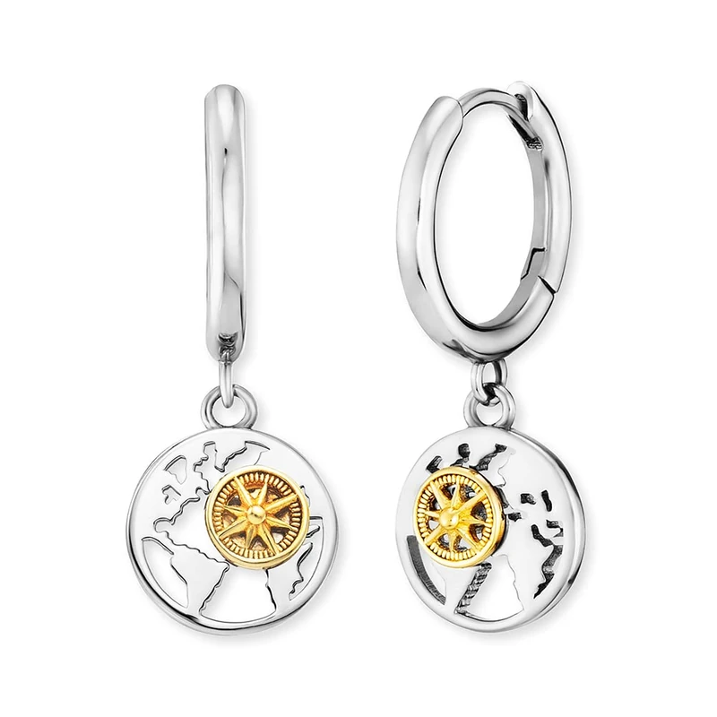 Angel Whisperer Aloha Women's Creole Earrings Sterling Silver with Round Pendant World Map and Wind Rose Bicolour - Clip Closure - Nickel-Free - Size: 14 mm, 14mm, Sterling Silver, No Gemstone