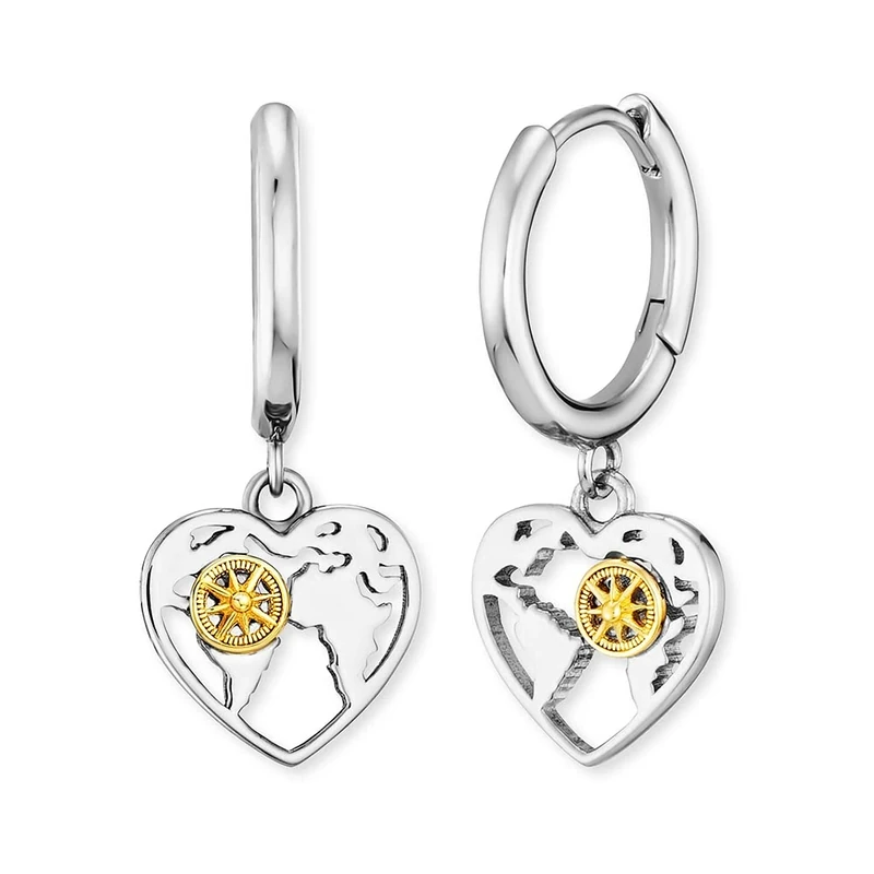 Engelsrufer Aloha Women's Earrings Sterling Silver with World Map and Wind Rose Bicolour - Nickel-Free, 14mm, Sterling Silver, No gemstone.