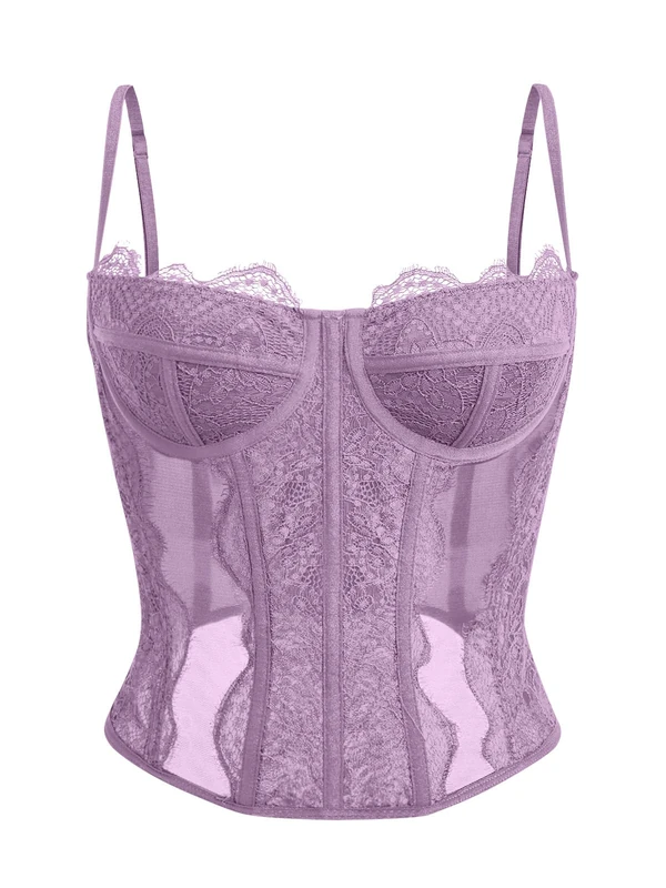 Dealmore Corset Top for Women Going Out - Lace Mesh Date Night Spaghetti Strap Party Club Top, Light Purple, X-Small