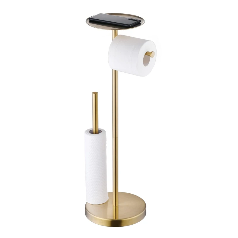 SHUNLI Gold Toilet Paper Holder Stand with Shelf, Free Standing Toilet Roll Holder with Storage Reserve, Stainless Steel SUS304, Brushed Brass