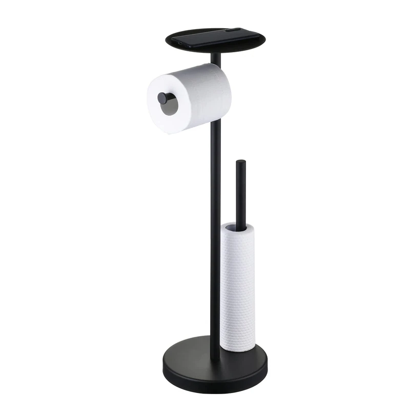 Free Standing Toilet Roll Holder with Shelf, Black Toilet Paper Holder Stand with Storage Reserve, Stainless Steel SUS304, SHUNLI