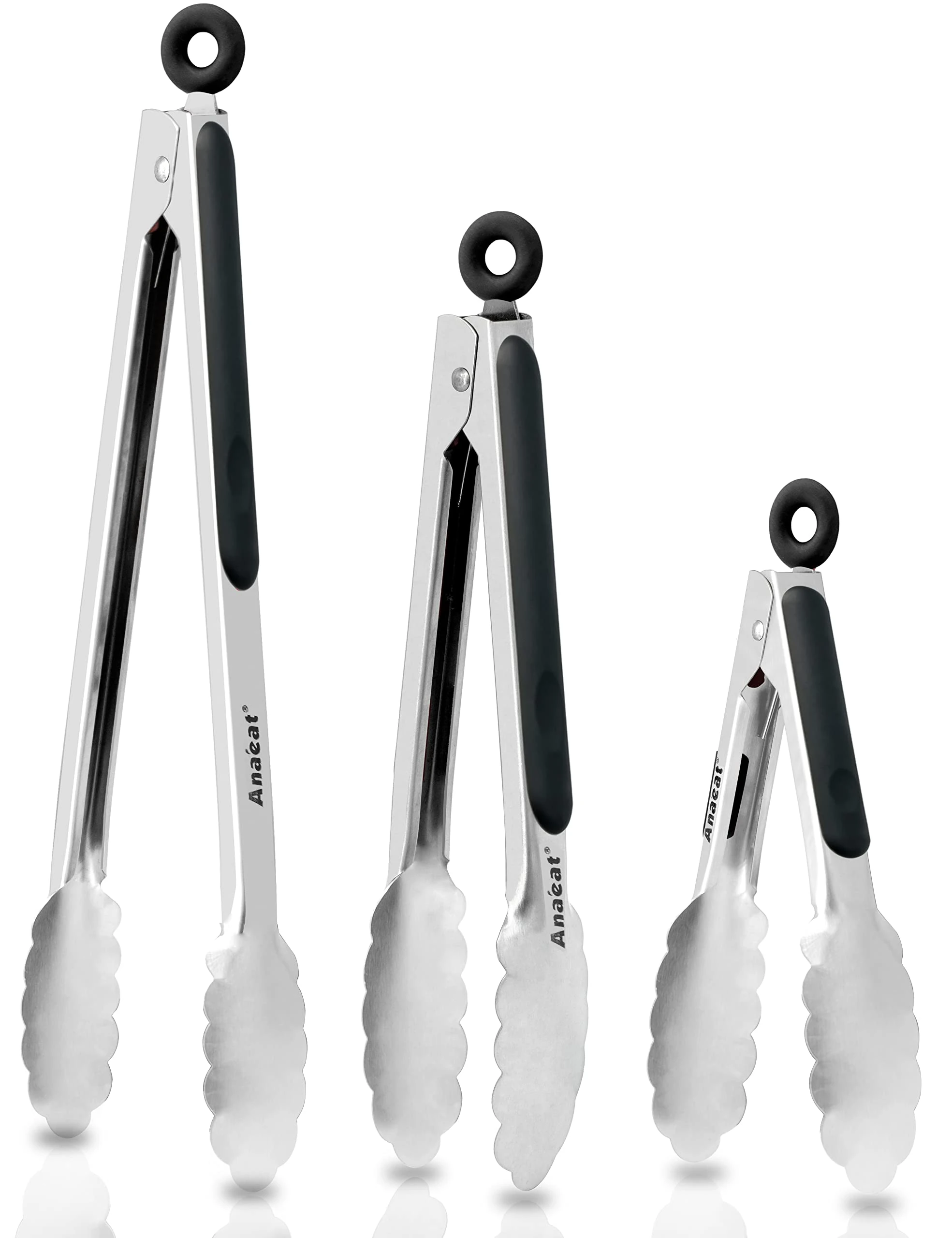 Anaeat Premium Kitchen Locking Tong Set of 3 - Heavy Duty Stainless Steel Food Tongs with Long Handle & Non-Slip Silicone Grip for Cooking, Baking, Grilling - Heat Resistant up to 480°F