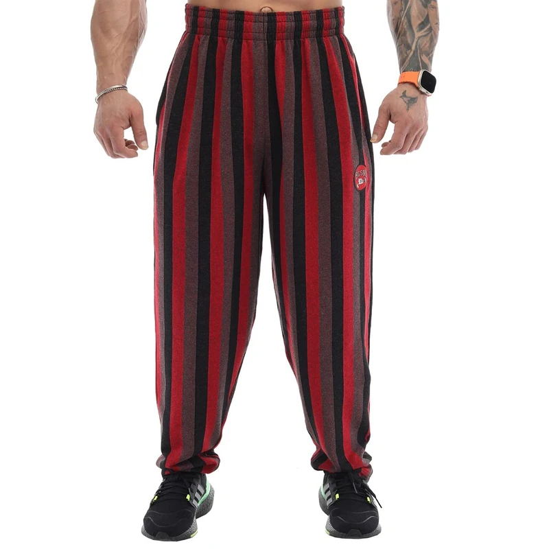 Big SAM Sportswear Company Men's Baggy Sweatpants with Pockets, Loose Fit Striped Oldschool Trackpants, Red-Black, Large
