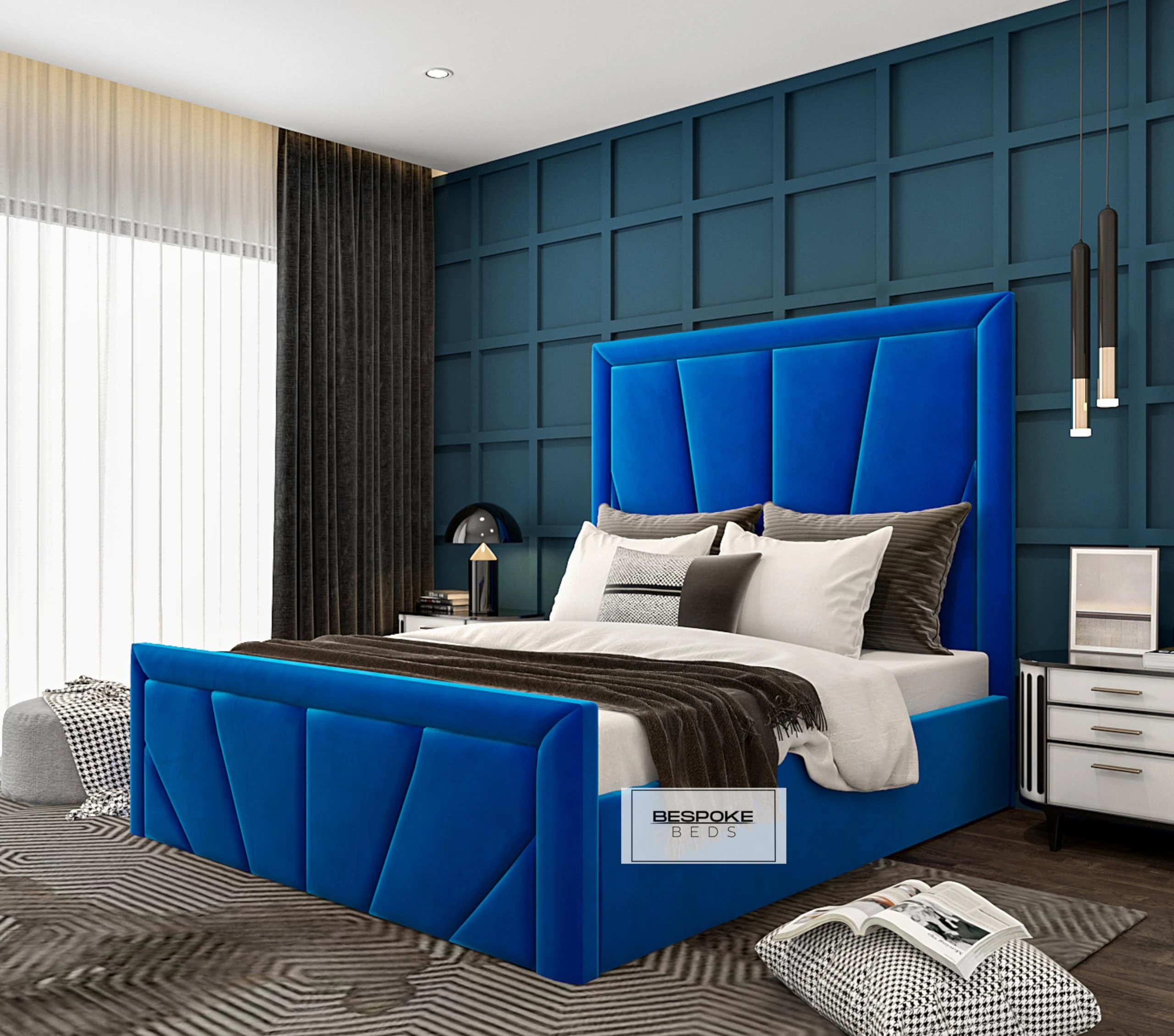 Upholstered Ottoman Storage Bed | King Size Bed with Storage | Velvet Double Bed Frame | Bed Frames (Navy Blue Plush Velvet, 4FT6 Double)