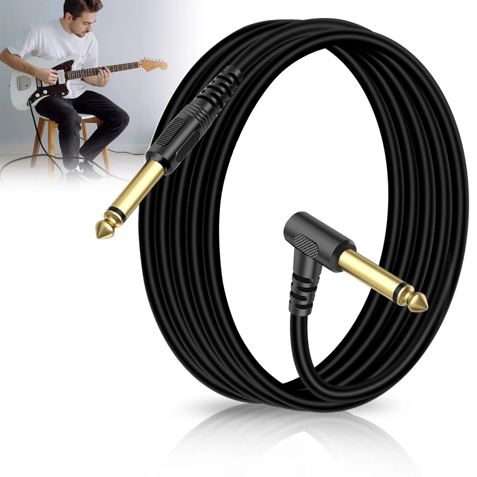 Guitar Cable 3M, Instrument Lead with 6.35mm (1/4") Straight to Right Angle Jack Plugs, Gold-Plated Amp Cord for Electric Guitar, Bass, Keyboard (Straight- Right Angle), Black