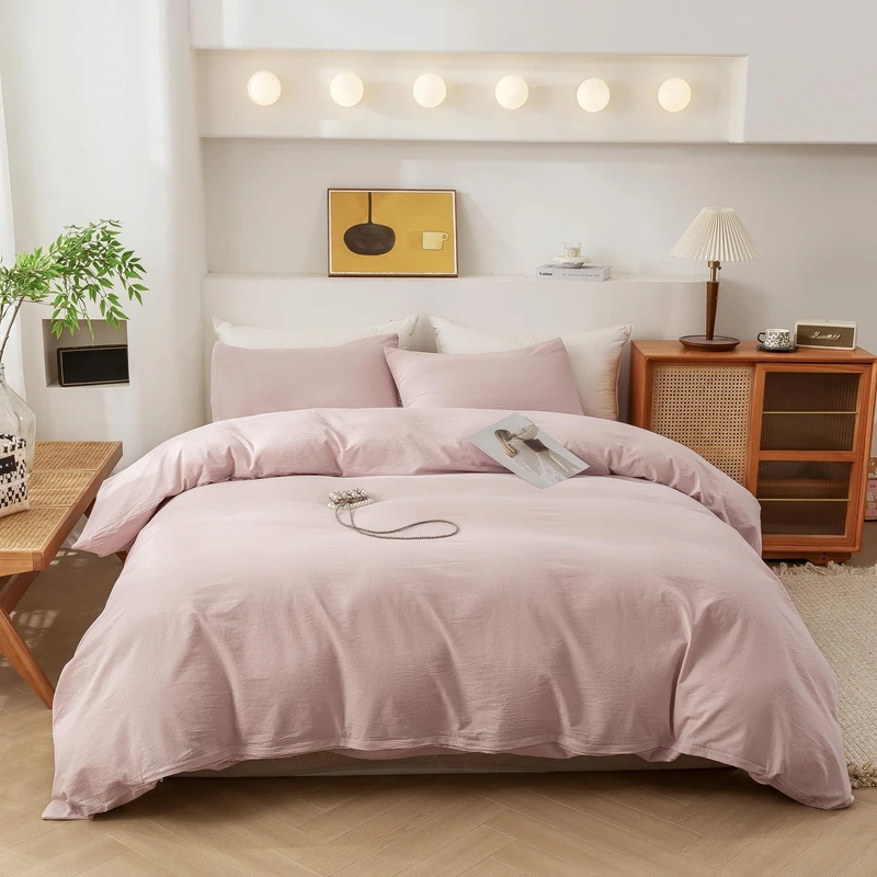 ECOCOTT Pink Duvet Cover Queen Size - 100% Washed Cotton Durable Soft Comfy Duvet Cover Set, 3 Pieces Duvet Cover with Zipper Closure (Pink, 90''x90'')