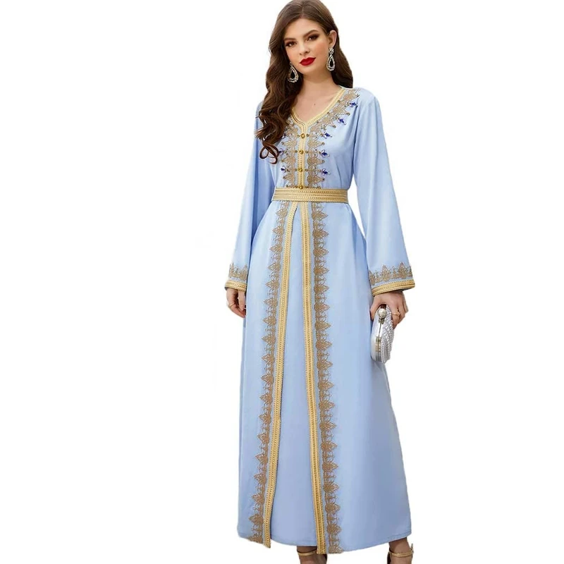 PolyJolly Handmade Bead Abaya Dress for Women Dubai Sadui Fancy Moroccan Kaftan Wedding Attire Collection, Morandblue, XL