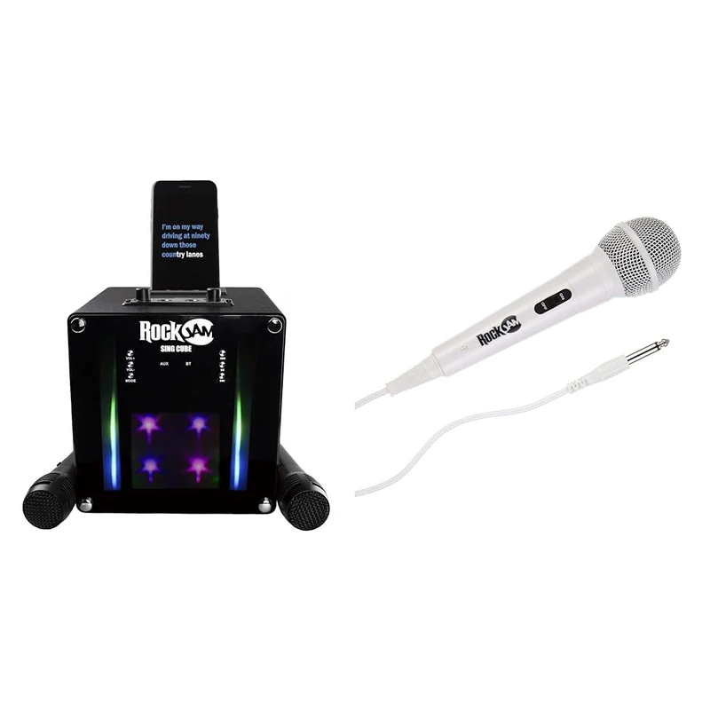 RockJam RJSC01-BK Singcube 5-Watt Rechargeable Bluetooth Karaoke Machine Black & Karaoke Microphone Wired Unidirectional Dynamic Microphone with Three Metre Cord - White