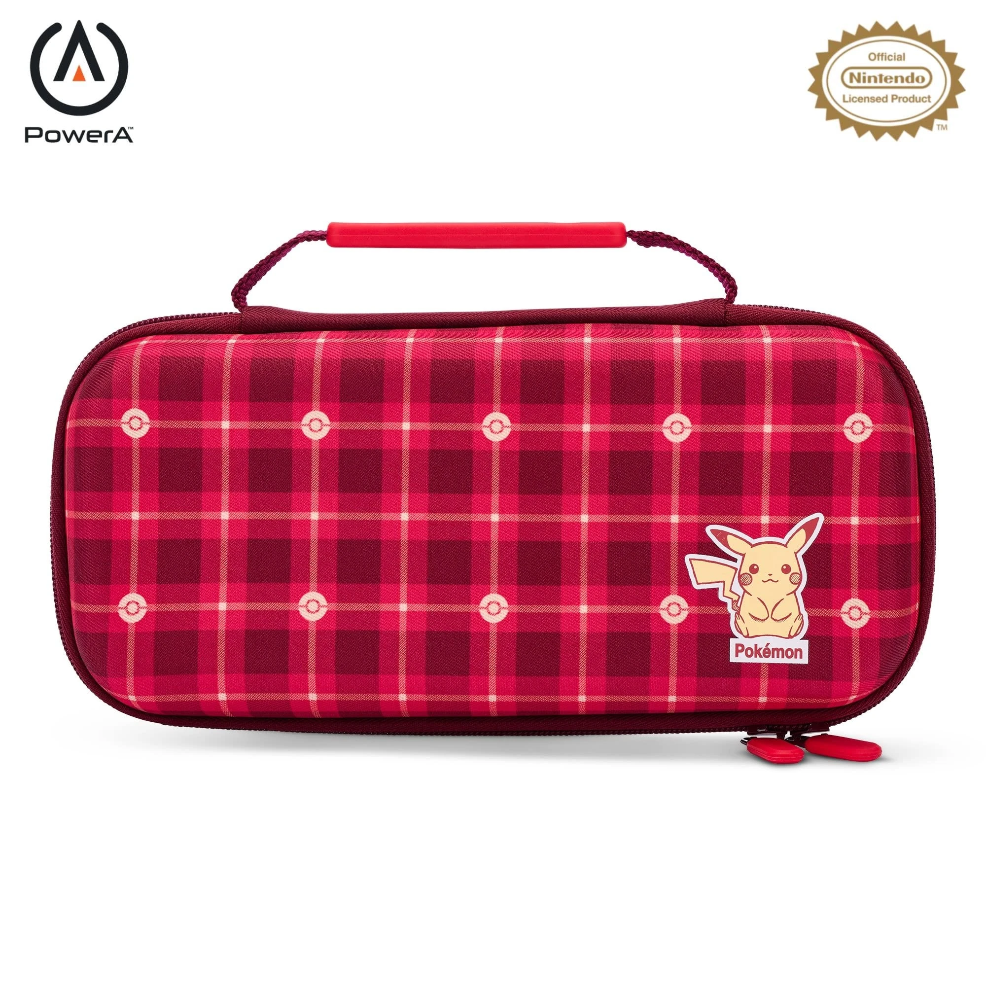 PowerA Protection Case for Nintendo Switch, Switch Lite & OLED Model, Hard Shell Protective Pouch with Carry Handle and 9 Game Cards Storage, Official: Pikachu Plaid - Red