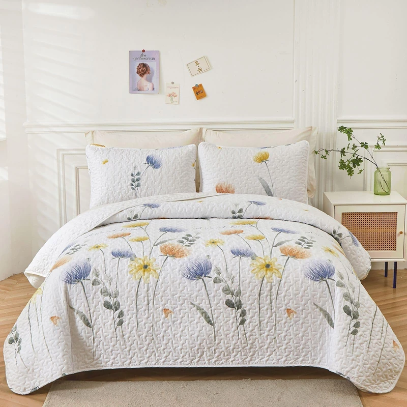 Dinjoy Floral Quilt Set King 3 Pieces Blue & Yellow Quilts Coverlet Set Bohemian Summer Bedspread Lightweight Farmhouse Bed Coverlet for Spring All Season(110"x90")