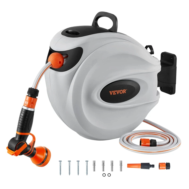 VEVOR Retractable Hose Reel, 65.6 ft x 1/2 inch, 180° Swivel Bracket Wall-Mounted, Garden Water Hose Reel with 9-Pattern Nozzle and 3 Fast Adaptors, Automatic Rewind, Lock at Any Length