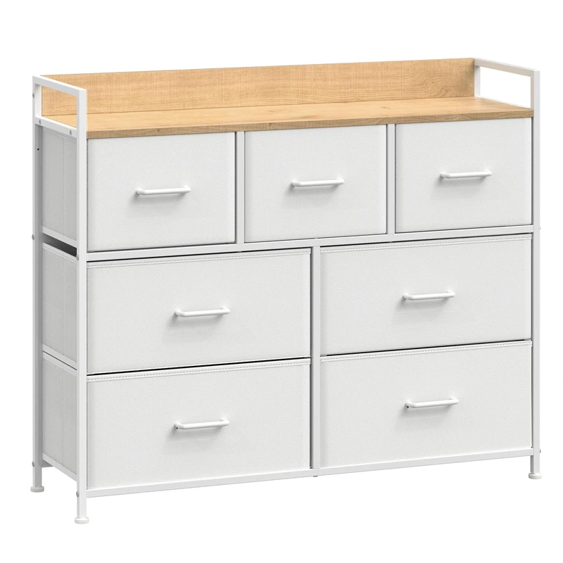 SONGMICS Chest of Drawers, Bedroom Cabinet, 7 Fabric Drawers with Handles, Metal Frame, Cloud White and Oak Beige LTS523W57