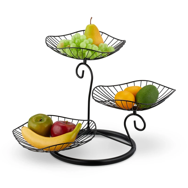 Relaxdays Fruit Etagere, 3 Tiers, Metal, HWD: 31x49x31.5cm, Decorative Round Bowl, also for Vegetables & Biscuits, Black, Iron, 34x49x31.5cm