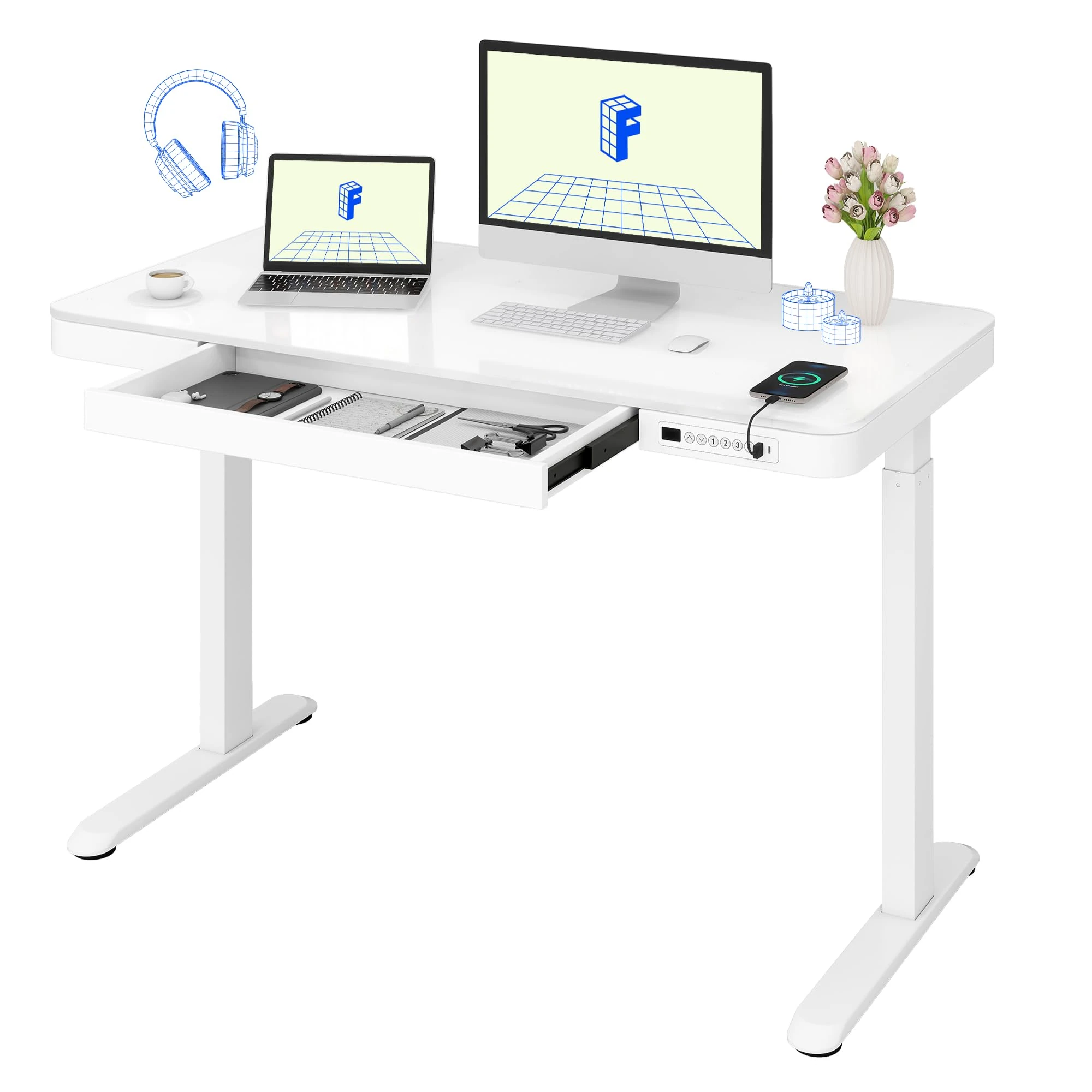 FLEXISPOT Comhar GLASS Desktop Electric Standing Desk, Home Office Height Adjustable Sit-Stand Desk with Drawer & Fast USB Chargers 120 * 60cm, White
