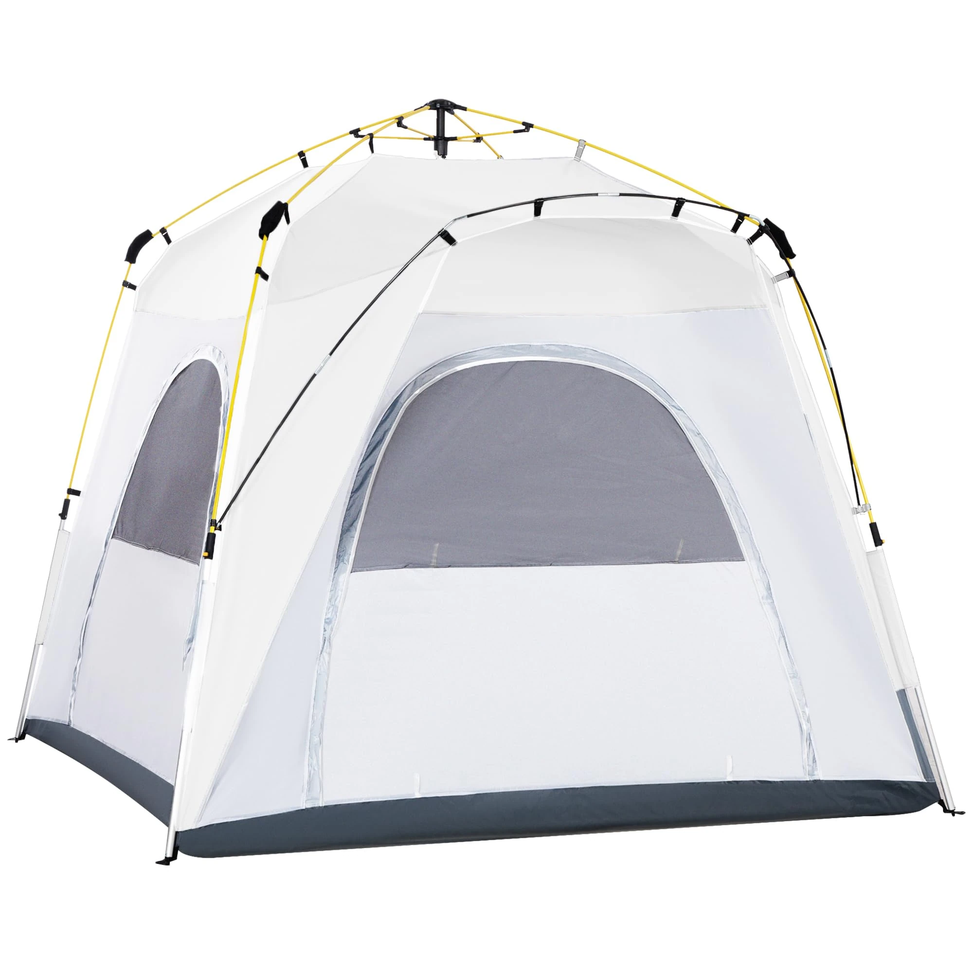 Outsunny Instant Pop Up Camping Tent, 4 Man Dome Tent with 4 Doors, Sewn-in Groundsheet, Carry Bag and Top Hook for Fishing Hiking Festival, Light Grey