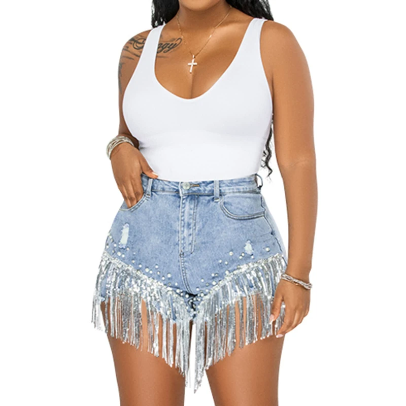 Cyparel Women Summer Denim Shorts High Waisted Ripped Rhinestone Pearl Beaded Fringe Tassels Frayed Raw Hem Blue Jean Shorts, Blue, M