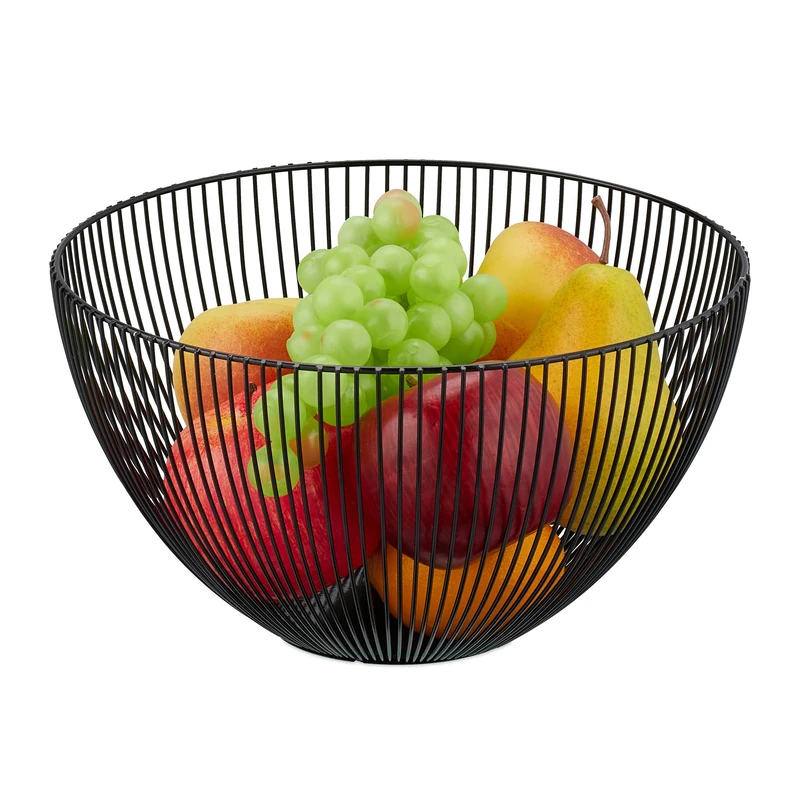 Relaxdays Metal Bowl, Round Wire Basket, 14 x 25 cm, Fruits, Bread & Vegetables, Modern Decor Accessory, Black