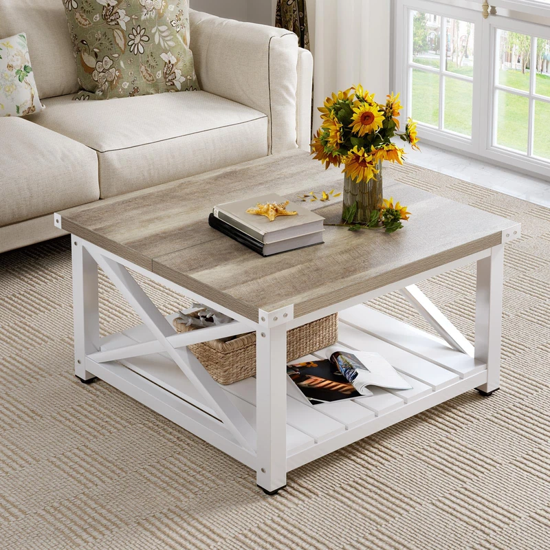 YITAHOME Coffee Table for Living Room,Square Wood Farmhouse Coffee Table with Storage, Grey Wash, Vintage Center Table for Living Room with Shelf