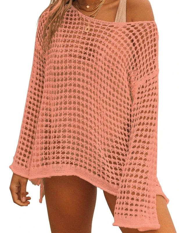 Bsubseach Crochet Swim Cover Ups for Women Bathing Suit Cover Up Knitted Top Beach Outfits Coral