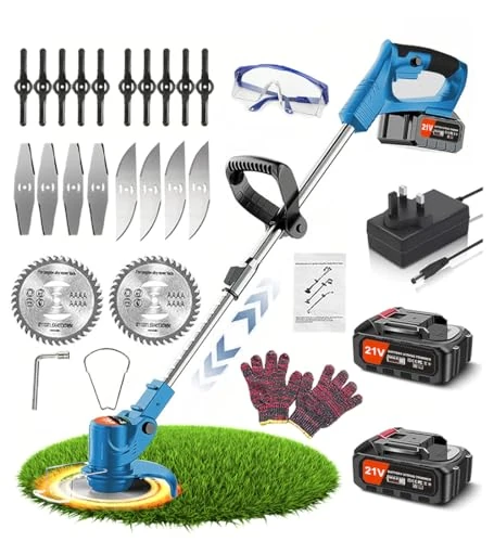 Wrneaoch 21V Strimmer Cordless Grass Trimmer, 90° Head pivots Cordless Strimmer with 2Pcs 2.0Ah Batteries and Charger - for Garden Clearing Weeds Flower Trees