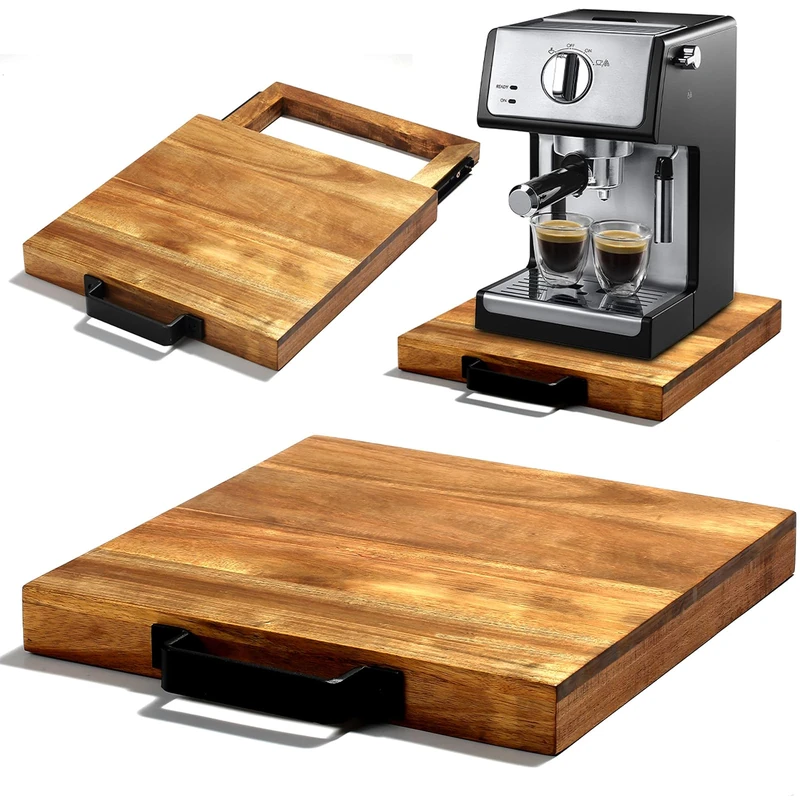 EVERBBKING Natural Acacia Sliding Tray for Coffee Machine, Kitchen Appliance Slider, Moving Caddy, Appliance Rolling Stand, Air Fryer Rolling Tray - Image 1