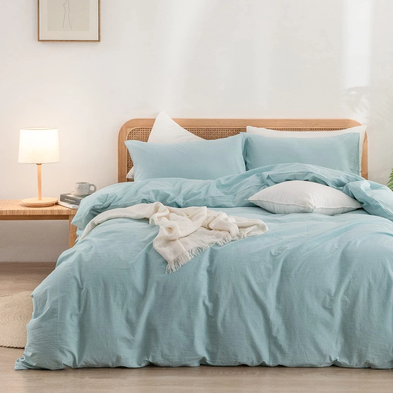 BESTOUCH Cotton Solid Duvet Cover Set Linen Feel Hushed Green Full