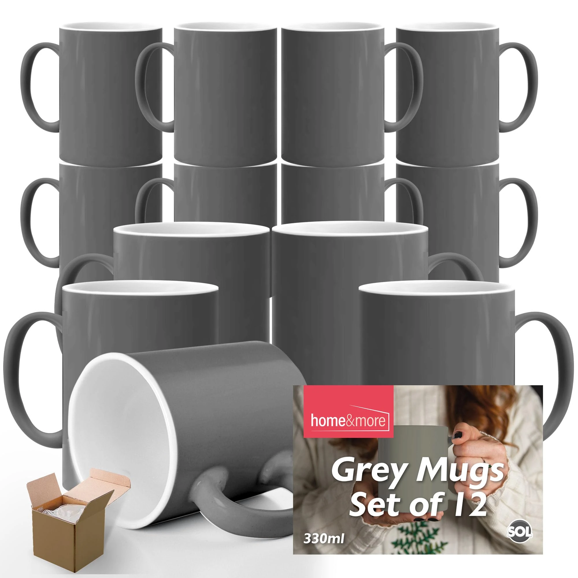 SOL Grey Mugs Set of 12 – 330ml Coffee and Tea Cups – Durable Ceramic Drinkware for Hot Beverages, Latte, Cappuccino, Office, Home, Café, Dishwasher & Microwave Safe