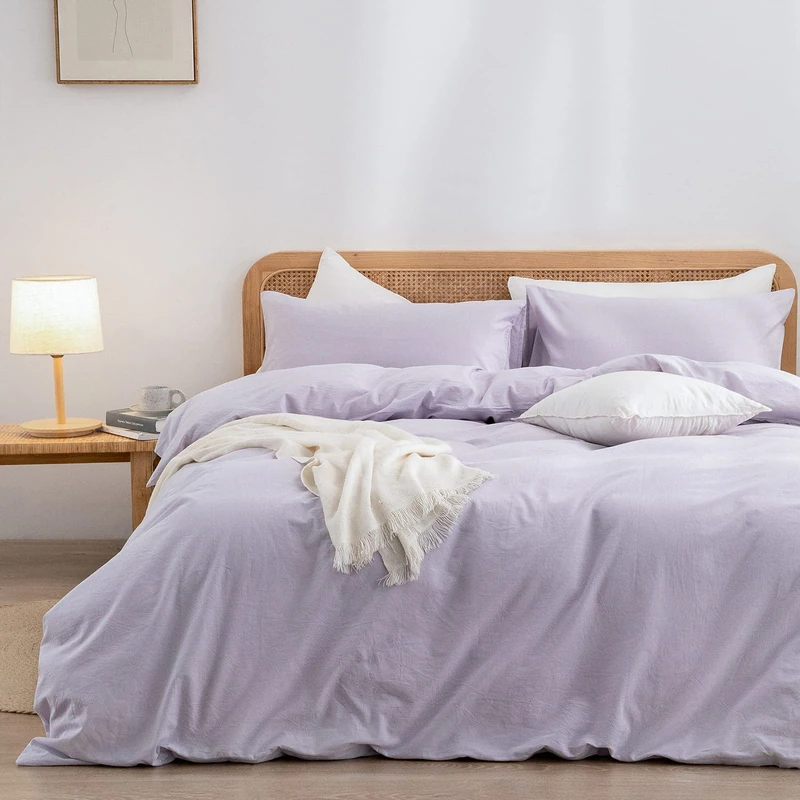 BESTOUCH Duvet Cover Set 100% Washed Cotton Linen Feel Super Soft Comfortable Chic Lightweight 3 PCs Home Bedding Set Solid Taro Purple Full/Double