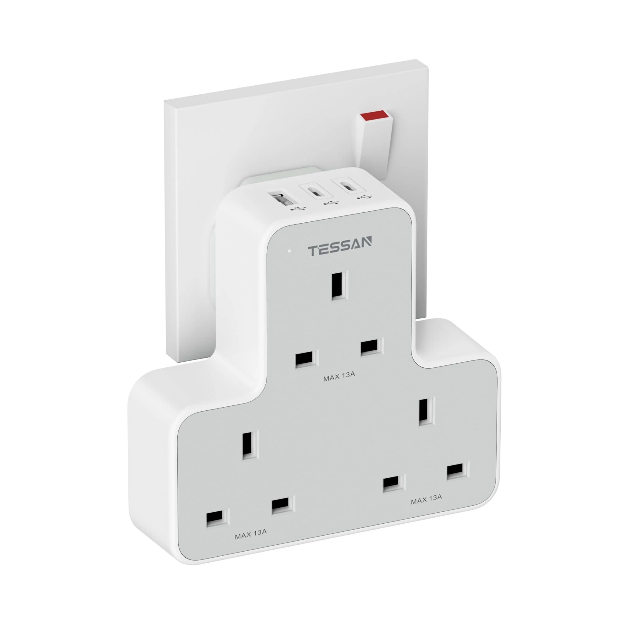 3 Way Plug Adapter UK, TESSAN Multiplug Socket with 3 USB, Wall Plug Extender Adapter, Multiple Outlets Extender with Triple USB Charger for Home, Office, School Supplies