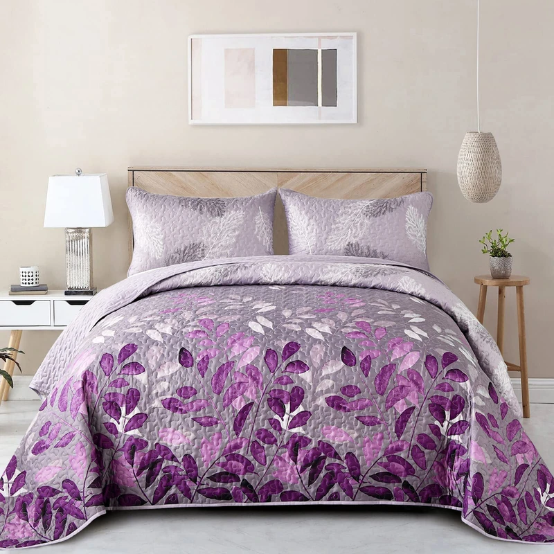 Purple Floral Quilt Set Queen Size, 3 Pieces Botancal Leaves Bedspread Coverlet Set with 2 Pillowcases for All Season, Soft Microfiber Floral Bedding Set 90"×96"