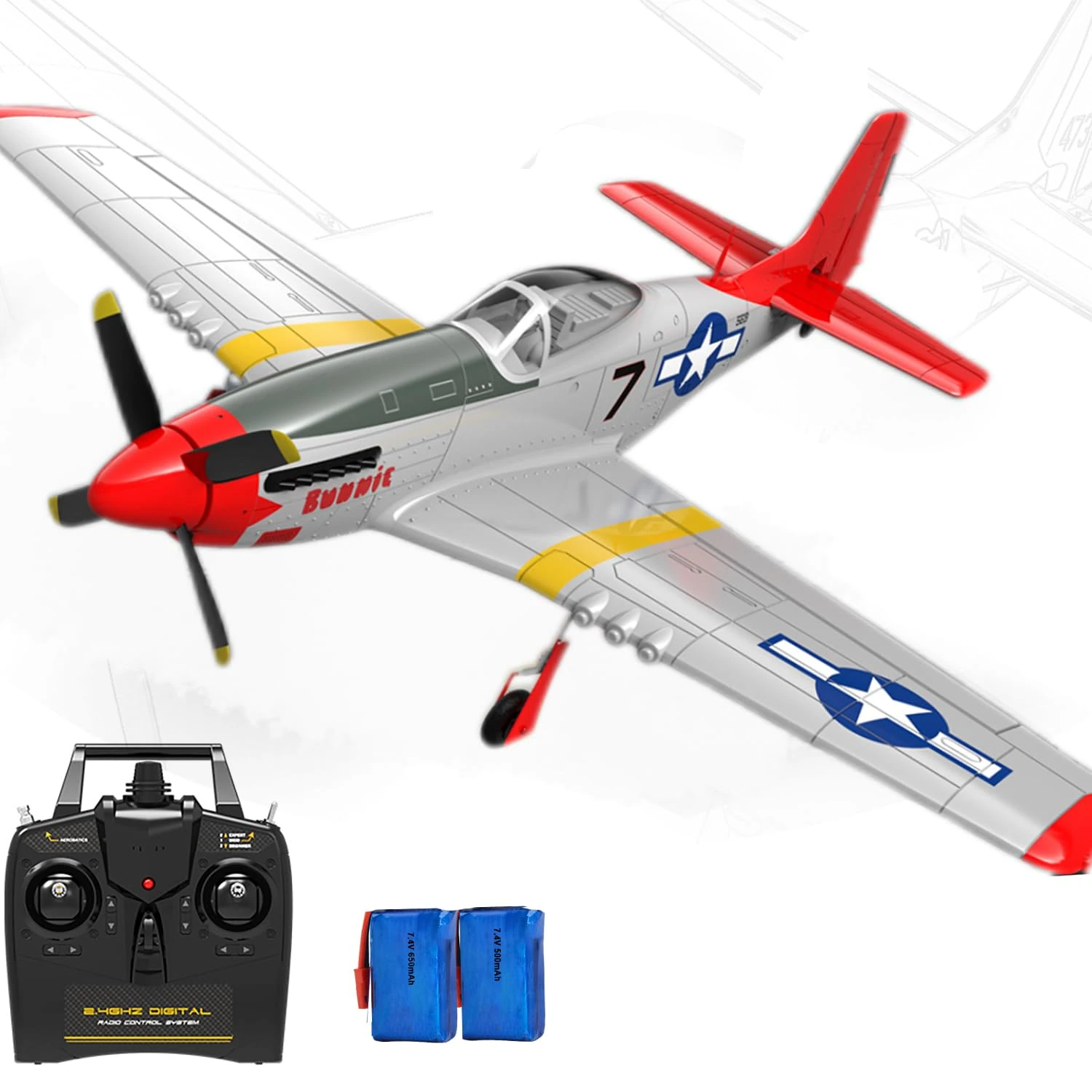 Ssccgym Extra Large 29.5" 750MM P51 P51D Mustang Large Remote Control Combat Aircraft 4CH Double Battery Fixed Wing Aerobatic Brushless RC Aircraft for Professional Players