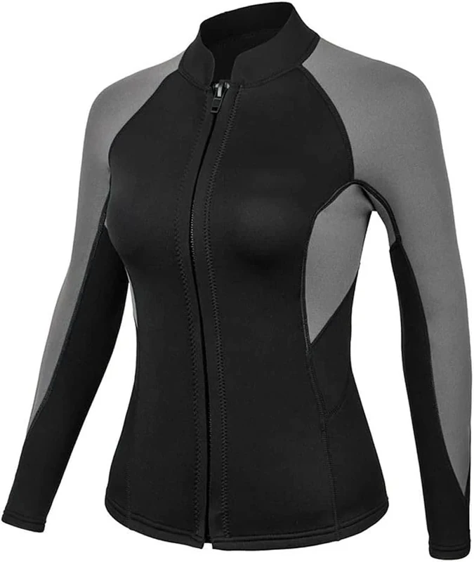 Wetsuit Top Women Rash Guard Long Sleeve UV Sun Protection 2mm Neoprene Front Zipper Swimsuit Top For Water Sports Diving Surfing Snorkeling,Grey,XL (Gray Grau XL) - Image 1