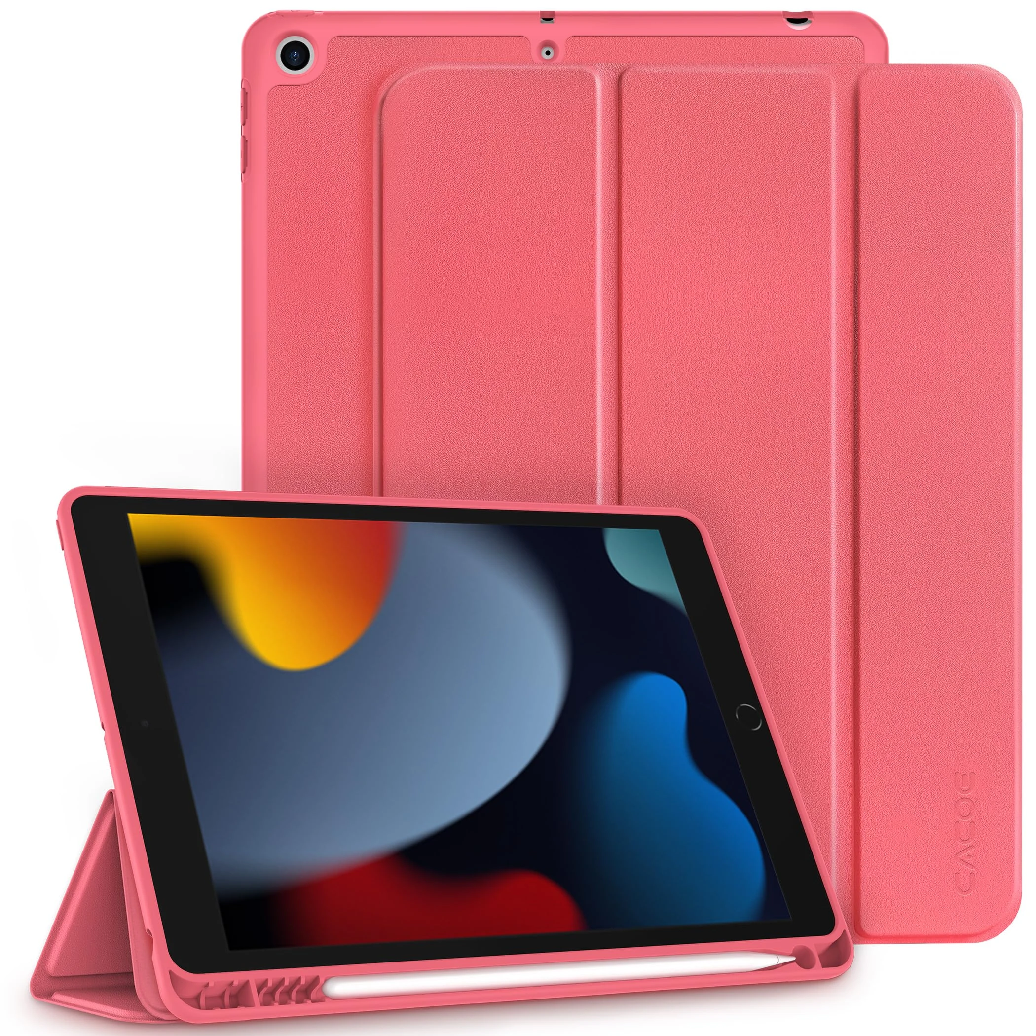 CACOE Case Compatible with iPad 9th /8th /7th Generation 2021 2020 2019, 10.2 Inch Case with Pencil Holder, Soft TPU Back Cover Auto Wake/Sleep, Watermelon Pink
