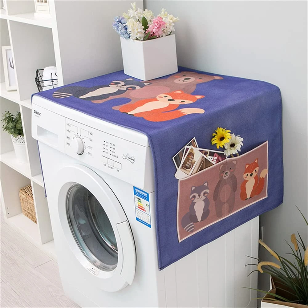 Lukery Fridge Dust Covers for Top, Multi-Functional Machine Cover with Side Storage for Microwave ovens, Cabinets, Washing Machine Single Door Refrigerator (Raccoon,60x140cm)