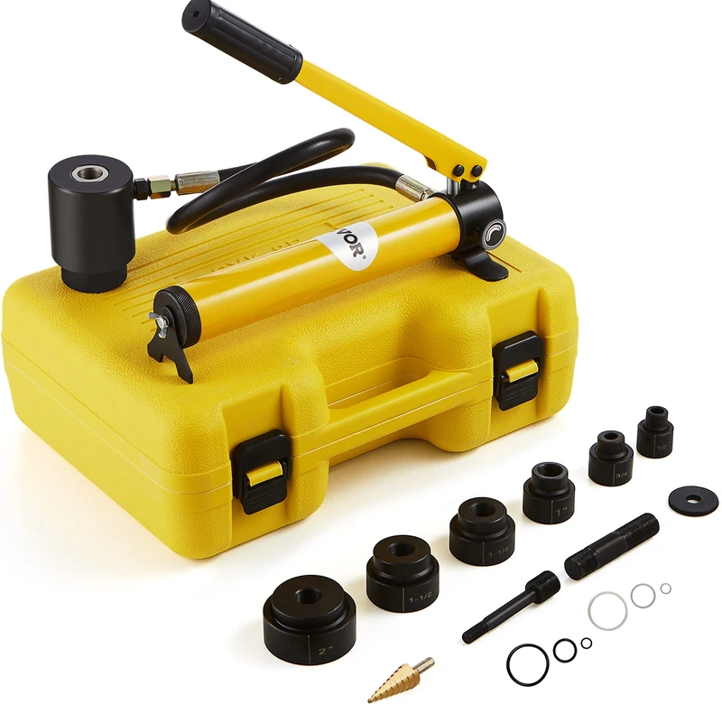 VEVOR 10 Ton Hydraulic Knockout Punch Kit, 1/2" to 2" Conduit Hole Cutter Set, KO Tool Kits W/Puncher 6 Piece, Metal Sheet Driver Tools, For Aluminum, Brass, Stainless Steel, Fiberglass and Plastic