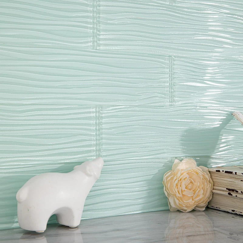 Adedeo Light Green Glass Subway Tile Water Wave 3 x 12 Inch for Backsplash Kitchen Bathroom Shower Wall (16-Pack, 4 sq.ft.)