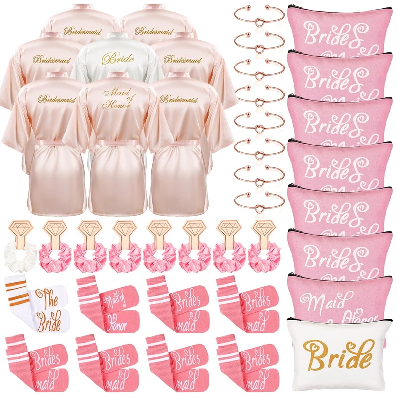 ramede 40 Pcs Bride Bridesmaid Robes Set Bridal Party Silk Satin Robes for Wedding Bridal Shower Bachelorette Party, Pink, White, One Size