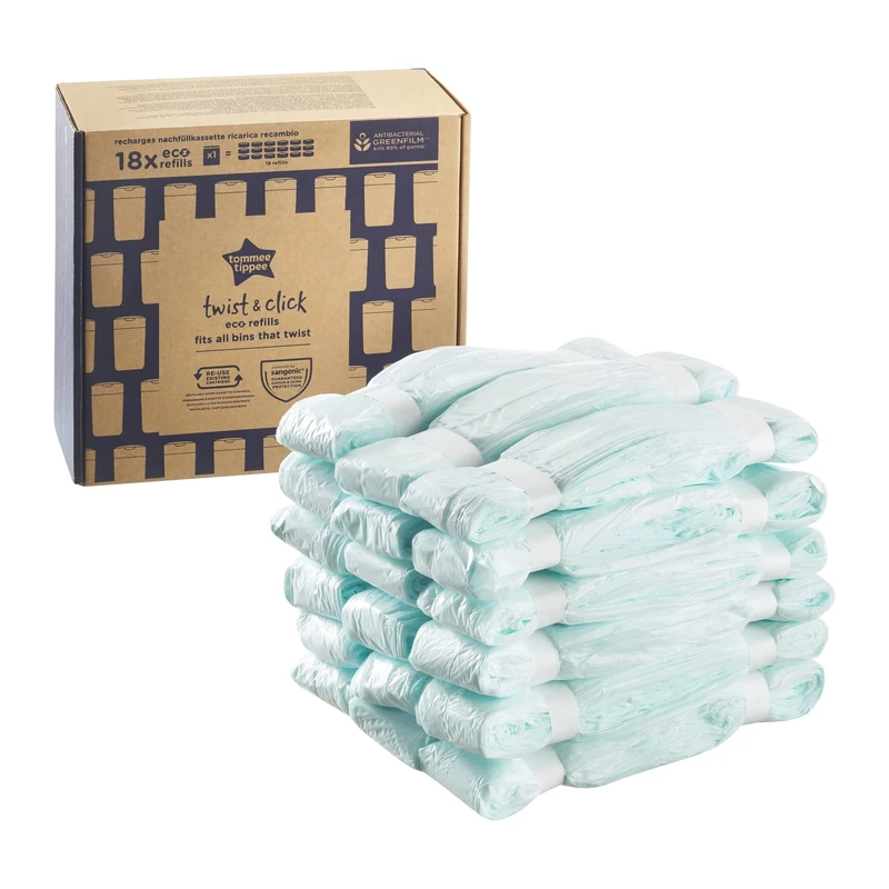 Tommee Tippee Twist & Click Nappy Bin Refills, Pack of 18, each 10.5 metres, Multilayer, Antibacterial* Film, Designed to Slot into Your Existing Twist & Click Nappy Bin Cassette (18 X 10.5m)