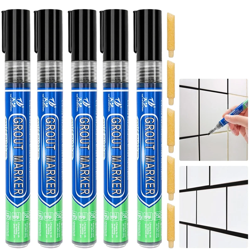 DRTRU 5 Pcs Tiles Grout Pen, Tile Grout Pen Black Wall Repair Pens, Tile Grout Reviver Pens for Tile Grout Wall Floor Bathrooms and Kitchen Restoring Grout Joints