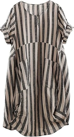 Minibee Women's Ruffle Oversize Casual Midi Dresses with Pockets, Style 2 Black-Brown Stripe, XL