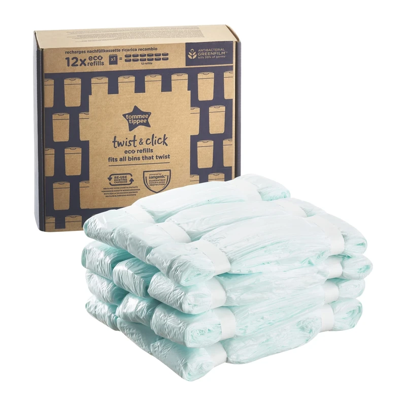 Tommee Tippee Twist & Click Nappy Bin Refills, Pack of 12, each 10.5 metres, Multilayer, Antibacterial* Film, Designed to Slot into Your Existing Twist & Click Nappy Bin Cassette (12 X 10.5m)
