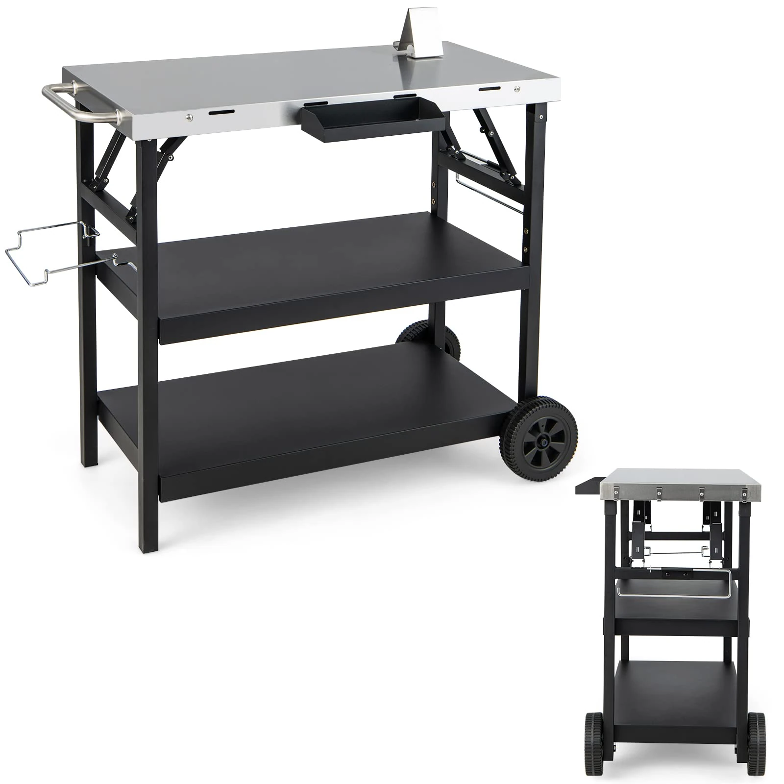 COSTWAY Folding BBQ Serving Trolley, 3 Tier Movable Pizza Oven Table with Adjustable Shelf, Spice Rack& Phone Holder, Stainless Steel Food Prepare Dining Cart for Outdoor Grilling and Cooking