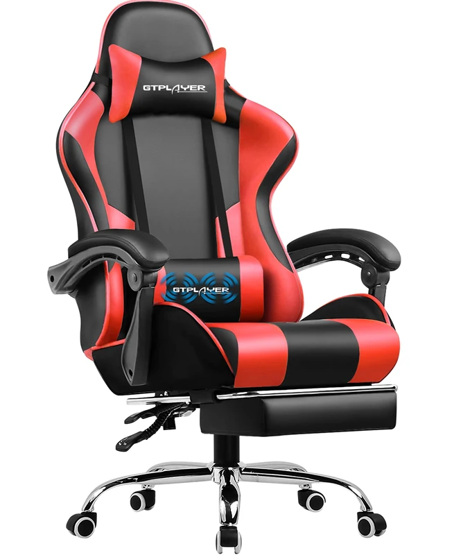 GTPLAYER Gaming Chair, Massage Computer Chairs with Footrest, Headrest and Lumbar Support Height Adjustable Ergonomic 360°-Swivel PC Chair Red