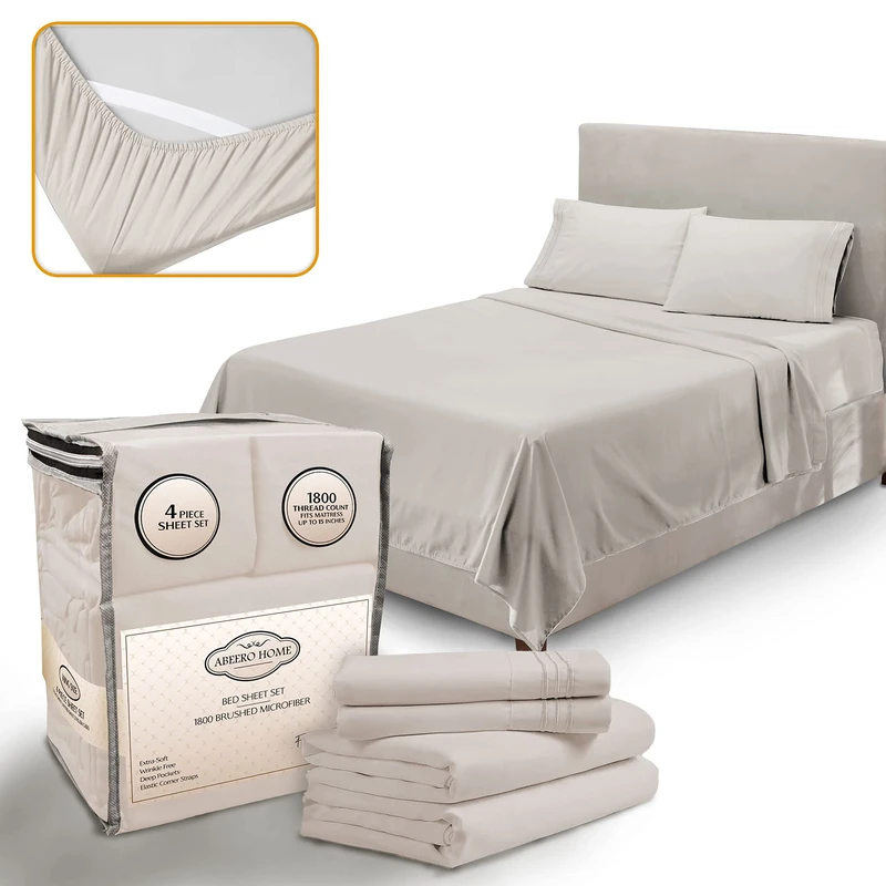 Abeero Home Queen Sheet Set - Luxury Hotel Bed Sheets - Soft Cooling Sheets with Elastic Corner Straps - Deep Pockets Microfiber Bedsheet - Bedding Sheets & Pillowcases - 4 Piece (Queen Size, Beige)