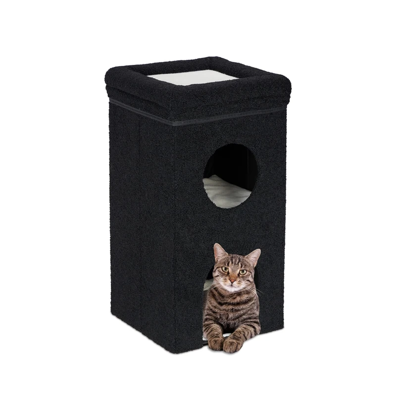 Relaxdays Cat Den, HxWxD: 76 x 40 x 40 cm, Foldable House with 3 Tiers, Pet Hideaway with Scratching Board, Black