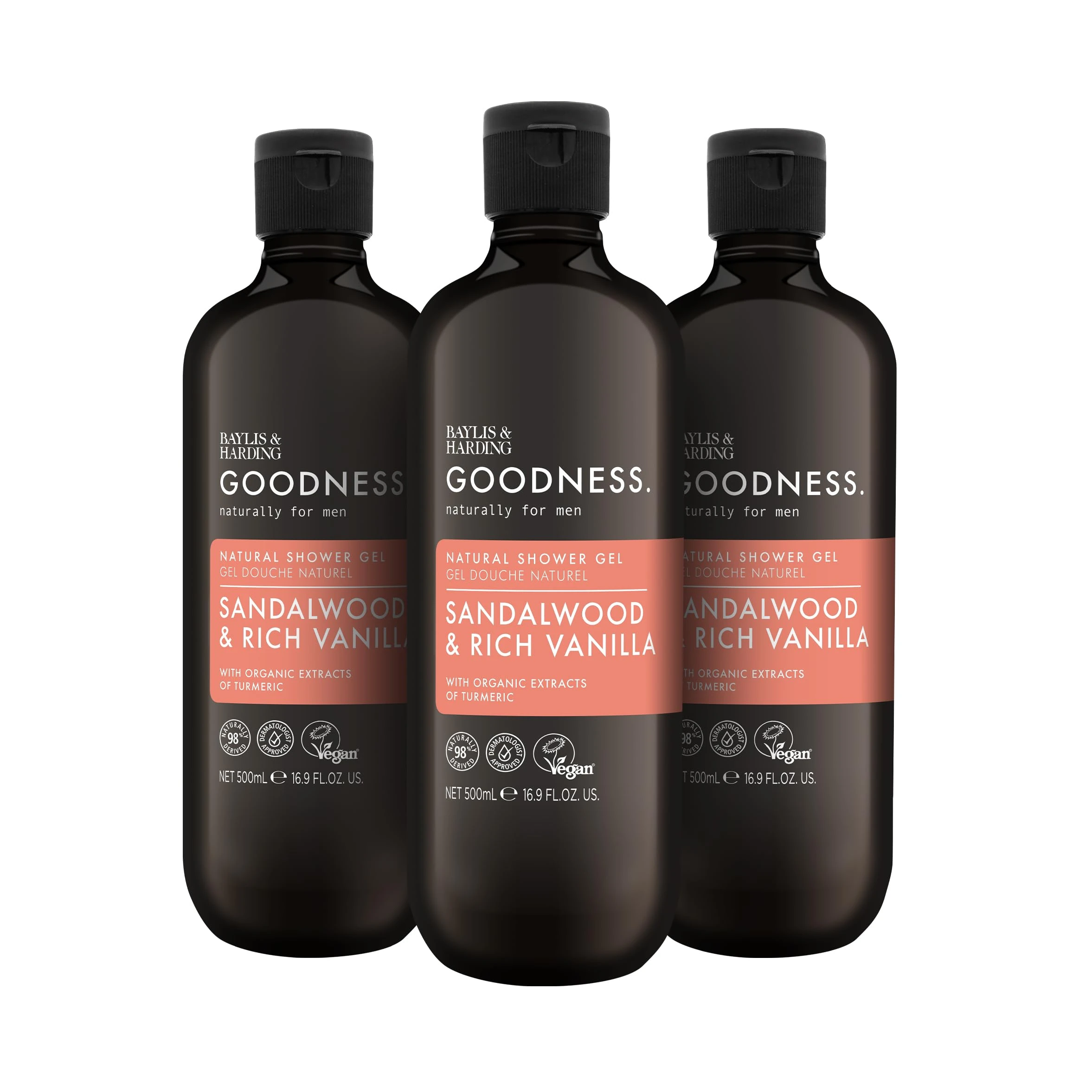 Baylis & Harding Goodness Men's Sandalwood & Vanilla Natural Shower Gel, 500 ml (Pack Of 3) - Vegan Friendly