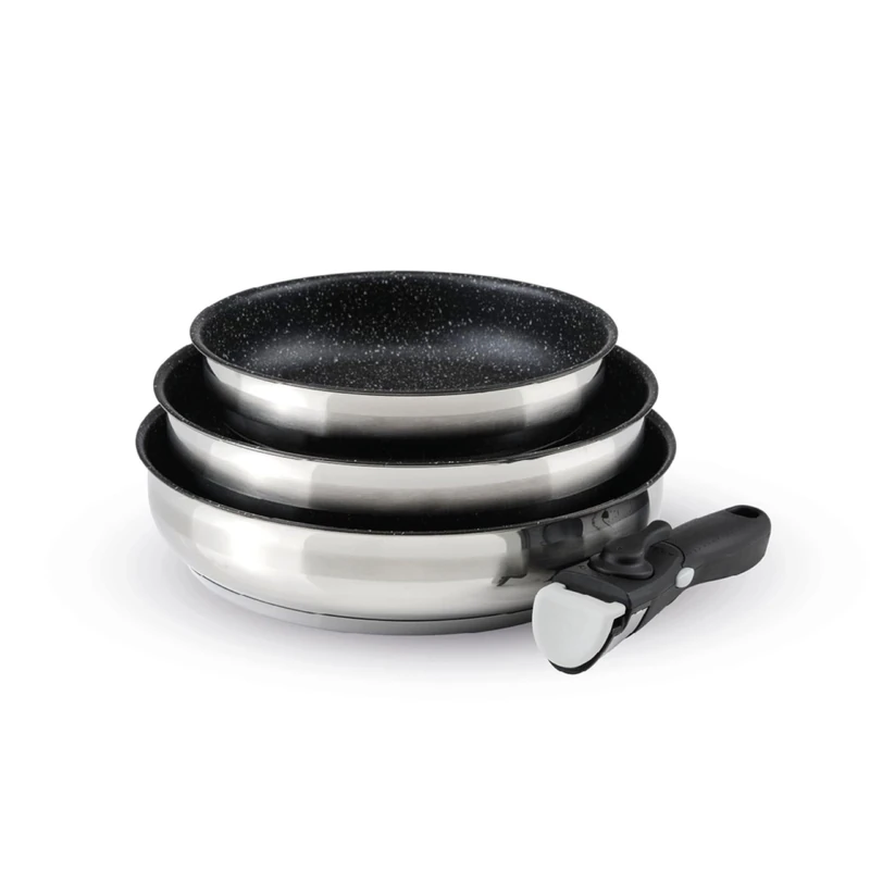 Qdesign - 4-Piece Induction Cookware Set - Set of 3 Non-Stick Frying Pans 20, 24 and 26 cm with Removable Handle - Stainless Steel - All Heat Sources - PFOA Free - Silver/Black